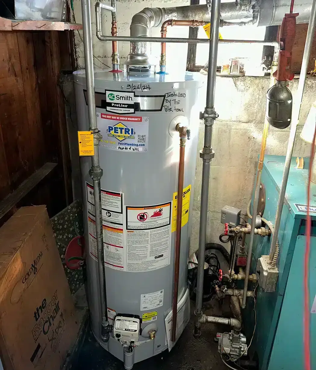A newly installed water heater by a Petri technician in Brooklyn, NY.
